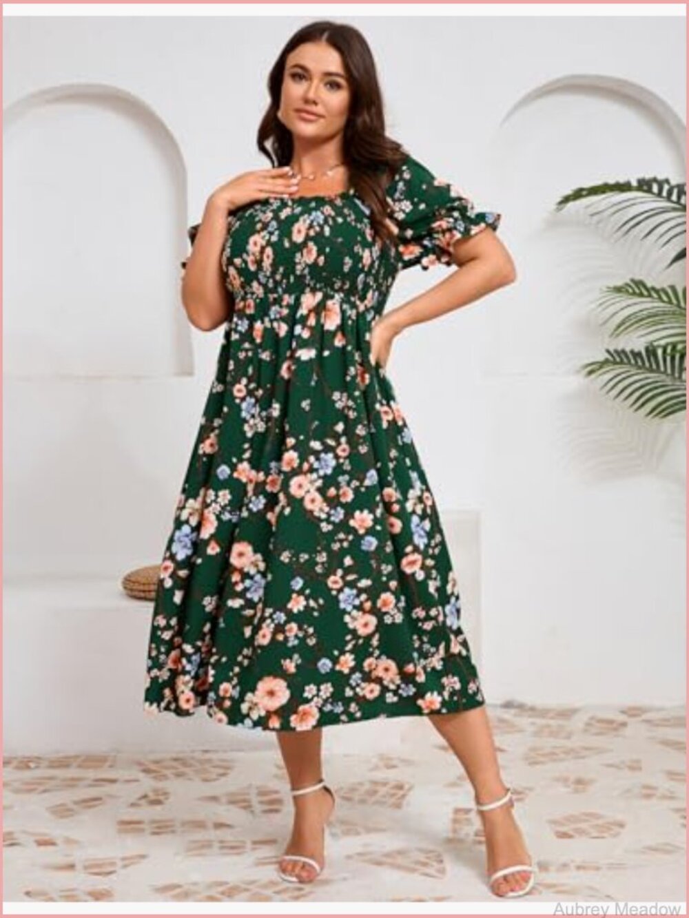 Plus Size Floral Midi Dress Square Neck Puff Sleeve Boho - Picture 3 of 6